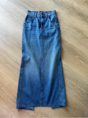 MOTHER snacks High-Rise Blue Denim Flare Maxi Skirt